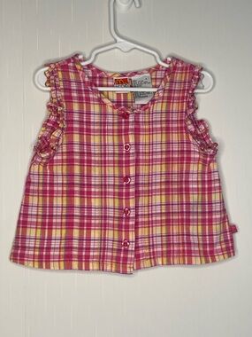 VTG McKids McDonald's Plaid Sleeveless Ruffle Top Size 4 Cotton Pink Yellow